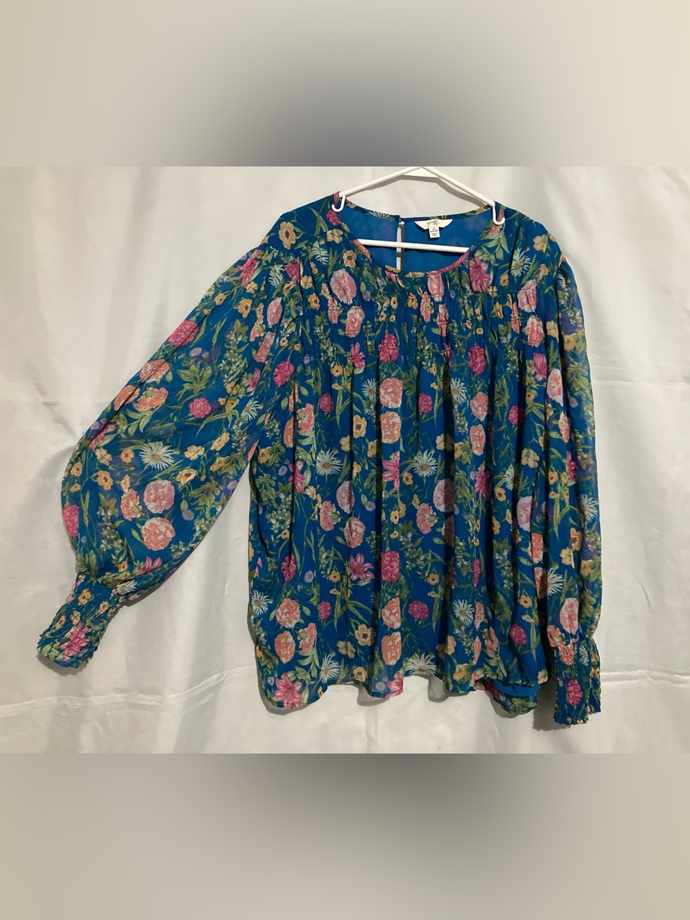 ❤️3/$15 Terra & Sky Teal Floral Peasant Blouse - Pink & Green Print